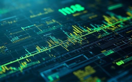 Dark themed analytics interface with neon green graphs