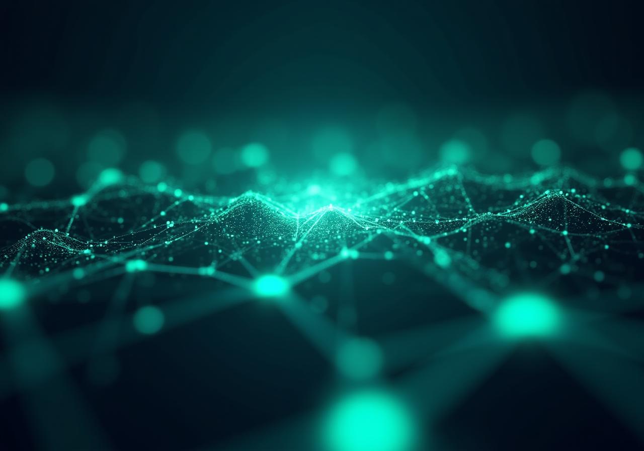 Futuristic 3D data visualization showing predictive neural networks